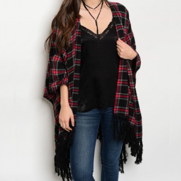 Sweaters - B2G1 NEW Red Plaid Flannel Fringe Poncho - 1 Left!